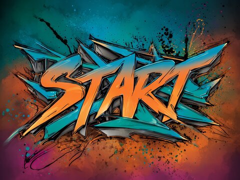 Dynamic START graffiti lettering with orange and teal gradients on dark background with paint splashes