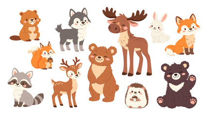Set of flat vector illustrations. Forest animals, bear hare moose deer hedgehog fox squirrel raccoon beaver wolf © Kseniya