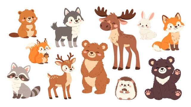 Set of flat vector illustrations. Forest animals, bear hare moose deer hedgehog fox squirrel raccoon beaver wolf