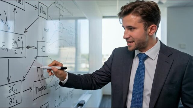 Intense Caucasian businessman with a marker in his hand and sweat on his forehead explaining a complex diagram on a whiteboard with excitement.