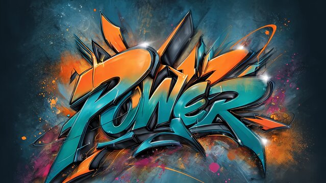 Dynamic POWER graffiti typography with sharp orange arrows and blue spray paint splashes on dark background