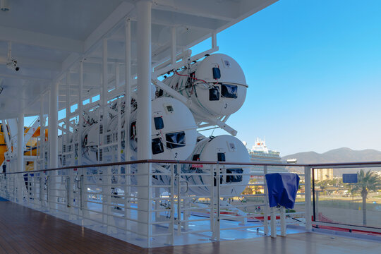 White Inflatable Life Raft Canisters on Cruise Ship Safety Deck
