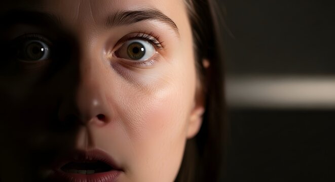 Close-up of a frightened woman with a shocked expression