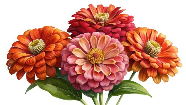 Beautiful bouquet of zinnia flowers in various colors against white background