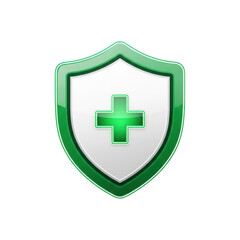 Obraz premium Green shield with a medical cross symbol isolated on transparent background