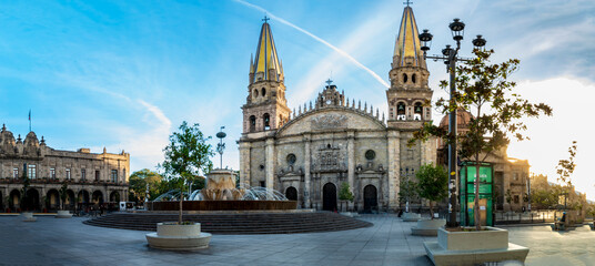 Fototapeta premium Panoramic view of Guadalajara Cathedral and central plaza fountain Mexico