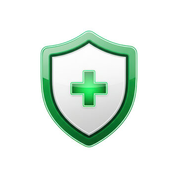 Green shield with a medical cross symbol isolated on transparent background