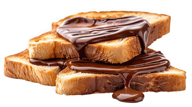 Stack of toasted bread slices with dripping melted dark chocolate cream isolated on transparent background