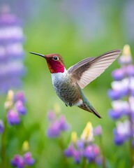 Fototapeta premium A hummingbird stays still in the air above purple flowers while foraging