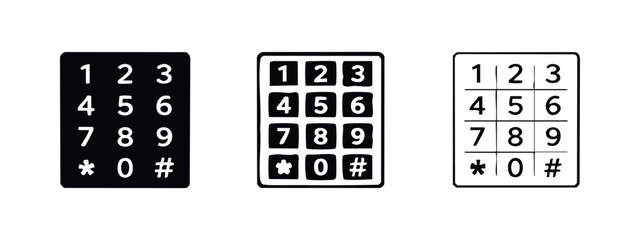 Numeric keypad and dial pad icon set for phone, security, and digital input, in solid, outline, and detailed styles. © liubomir118809
