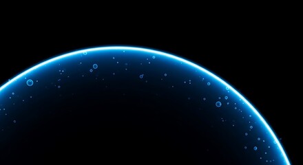 Obraz premium Glowing blue semi-sphere with bubbles against a black background, suggesting space or water