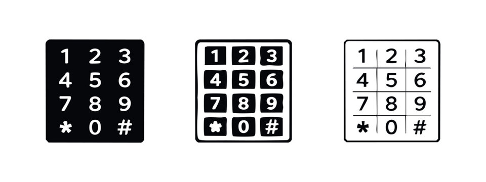 Numeric keypad and dial pad icon set for phone, security, and digital input, in solid, outline, and detailed styles.