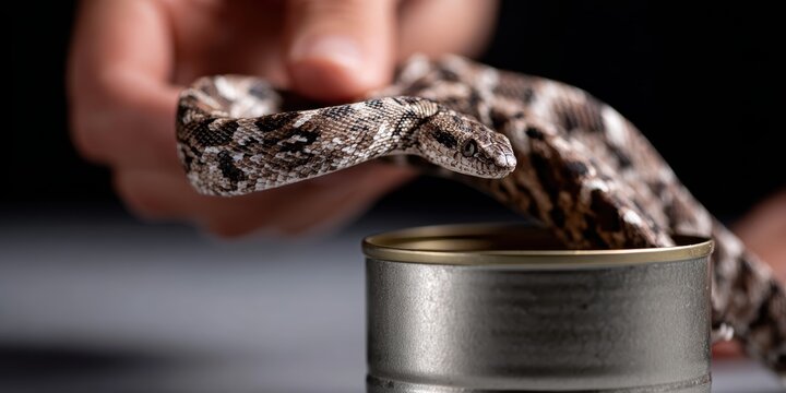 funny prank gag, a persons hands holding a can of mixed nuts with a spring snake bursting out in a sharp freeze-frame shot