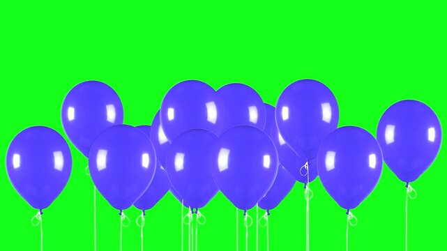 A dense cluster of purple 3D animated balloons fills the lower frame, gently swaying against a green screen background. This loopable asset creates a festive border or transition for professional vide