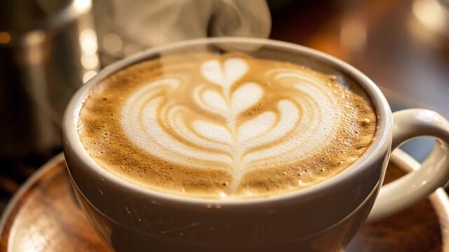 Delicious Latte Art Coffee Cup with Beautiful Design.