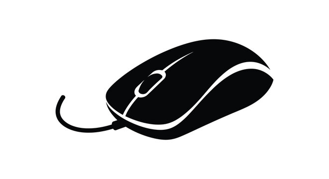 Silhouette of a black computer mouse with cord and white accents