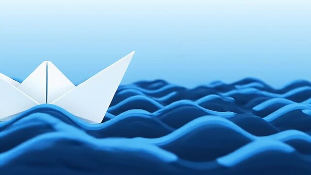 Paper boat sailing on blue waves, symbolizing journey, adventure, and overcoming challenges.