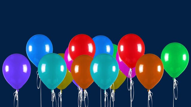 A vibrant bunch of shiny red, blue, green, and purple balloons floating together in a group. This 3D render is perfect for birthday celebrations, festive events, and party announcements.