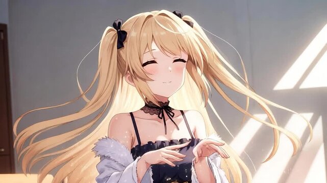 Beautiful anime girl with blonde twin tails and green eyes looking at camera in a sunlit room