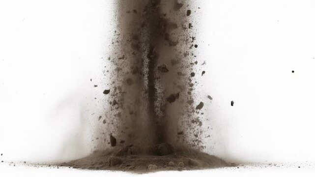 Powerful ground explosion blasting dirt and debris upward against a clean white background in ultra slow motion