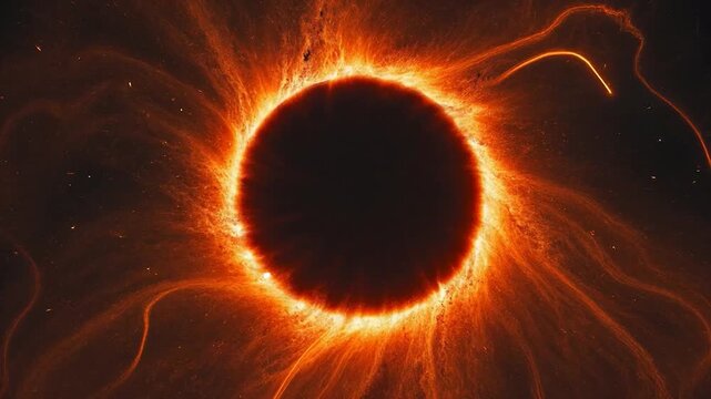 Fiery solar eclipse with burning sun corona and hot plasma flares in outer space. Black hole emitting bright orange energy waves