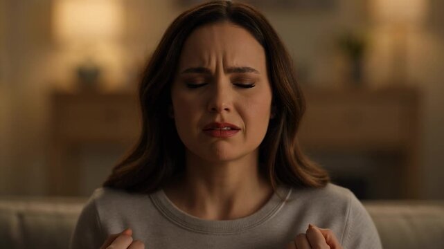 Unwell woman suffering from sudden severe stomach ache and menstrual cramps holding her painful belly in the living room at night