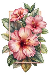 Obraz premium Watercolor Hibiscus Flowers with Lush Green Leaves and Frame Design