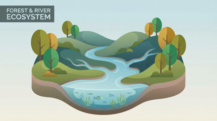 Cross-section of a vibrant forest and river ecosystem with diverse aquatic life and lush vegetation