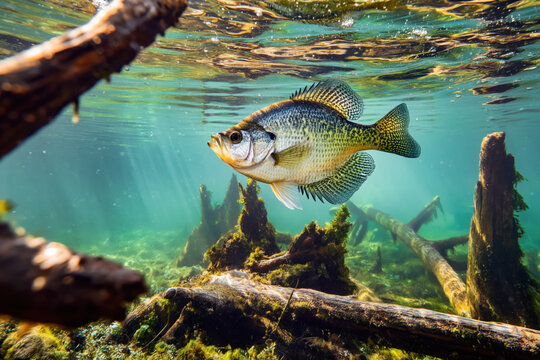 Black Crappie Fish Swimming Near Submerged Logs in a Clear Springtime Lake created with Generative AI Technology, ai, generative