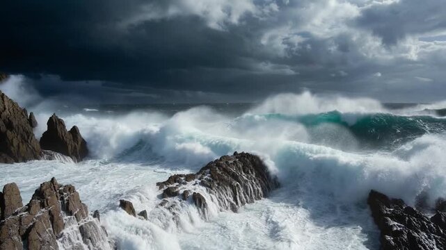 Powerful ocean storm waves crashing over jagged coastal rocks under a dramatic dark sky creating white foam and sea spray