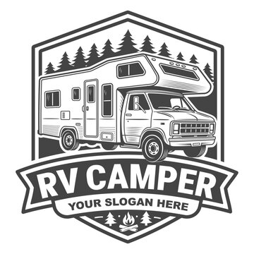 RV camper logo emblem with forest pine trees and campfire, outdoor travel and camping design for branding or adventure services. Vector camper logotype.
