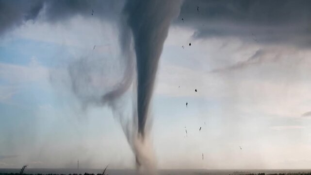 Destructive tornado forming and touching down with flying debris during a severe thunderstorm and extreme weather event