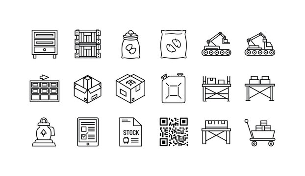 Industrial storage cabinet, plastic crate stack, bulk sack bag, reach truck vehicle, conveyor belt line, compartment organizer box