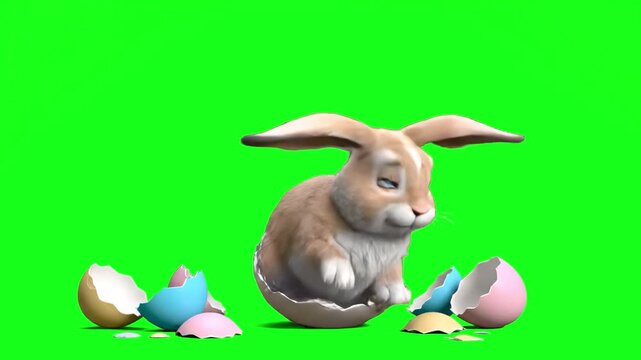 A cute 3D animated brown baby rabbit emerges from a broken, colorful Easter eggshell, sitting on a natural surface. The hatching scene is set against a solid green chroma key background for VFX compos