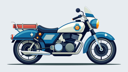 Obraz premium Vector illustration of a police motorcycle side view featuring a blue and white color scheme, chrome details, and a distinctive rear storage compartment