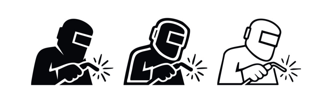Welder in safety helmet performing welding work icon set, depicting heavy industry and fabrication.