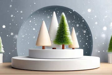 Fototapeta premium Minimal 3D Christmas tree podium scene with snowy backdrop and festive holiday display