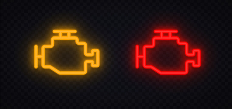 Neon engine warning icons with glowing outline in yellow and red. Automotive symbols indicating system issues and maintenance alerts. Perfect for dashboard signals