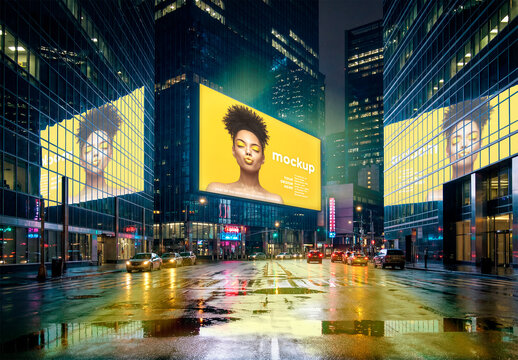Reflected Horizontal Billboard Mockup on Rainy Night City Street