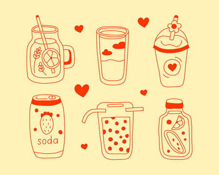 Set of cute doodle outline different drinks isolated on pastel background. Hand drawn summer beverages in line art Mediterranean style. Fresh detox juice, smoothie, milkshake, tapioca bubble tea, soda