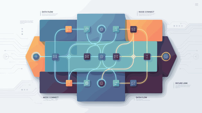 Abstract digital network diagram with interconnected nodes and data flow lines