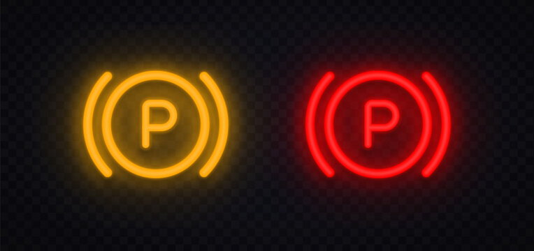Neon parking brake icons with letter P in glowing circle. Bright vehicle symbols indicating parking system status. Perfect for dashboard interface and driving control design.