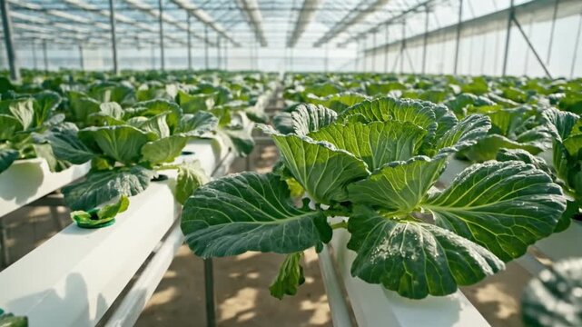 Hydroponic Celery Rows in a Sunlit Greenhouse System