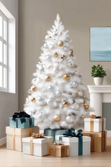 Fototapeta premium Elegant white Christmas tree with gold and silver ornaments and wrapped gifts in modern living room