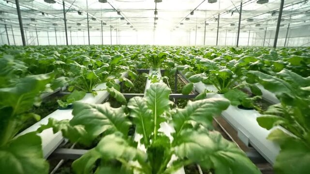 Greenhouse footage showing leafy lettuce plants thriving in hydroponic tubes from an interior view