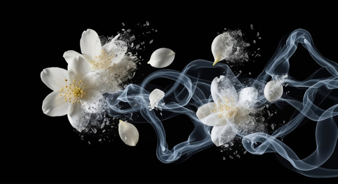Elegant Jasmine Aroma: A serene composition showcases delicate white jasmine blooms intertwined with wisps of ethereal smoke, petals, and crystalline particles.