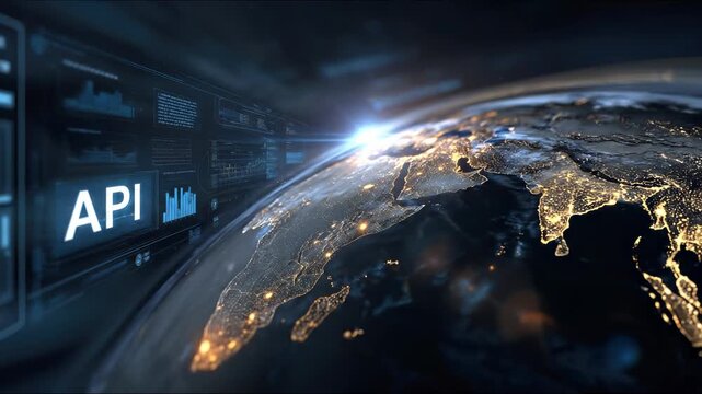 Application Programming Interface concept, global digital connectivity, fostering worldwide data exchange, facilitating system integration, advanced software innovation development
