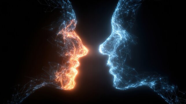 Two faces form as glowing lines connect, symbolizing communication and the exchange of ideas in a digital environment.