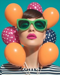 Obraz premium woman in green sunglasses surrounded by colorful balloons on turquoise background
