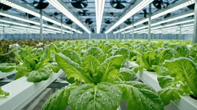 Footage of a vibrant lettuce hydroponic garden indoors under bright fluorescent lights